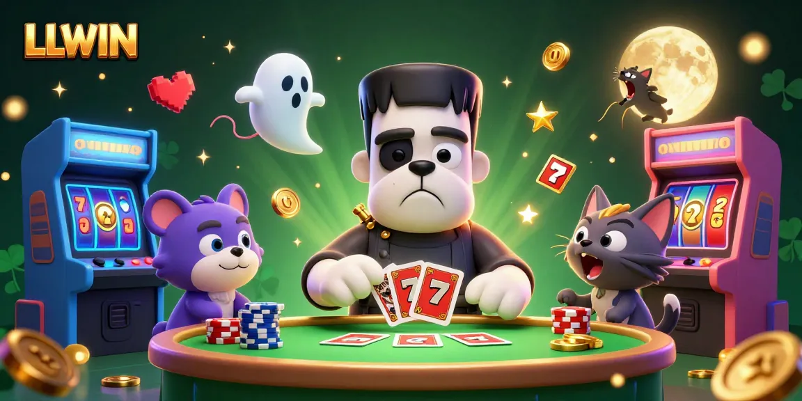 LLWIN features a lively casino scene with a Frankenstein bulldog dealing cards, enhancing your game experience.