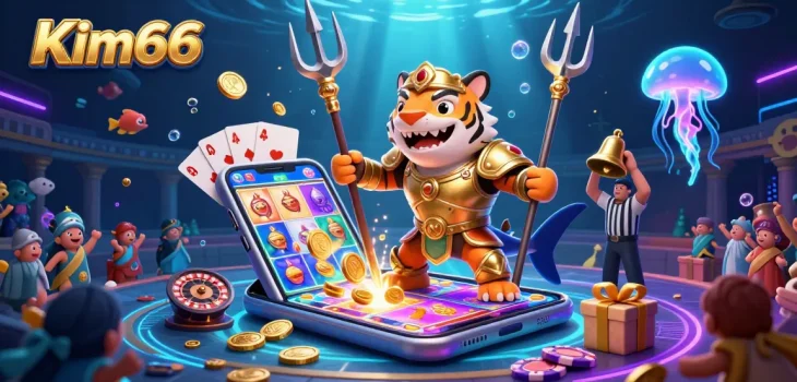 Experience Kim66 with a vibrant underwater casino scene including a shark in gladiator armor.