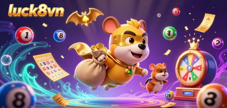 Energetic illustration of luck8vn with superhero dog and hamster amidst colorful lottery elements, capturing excitement.