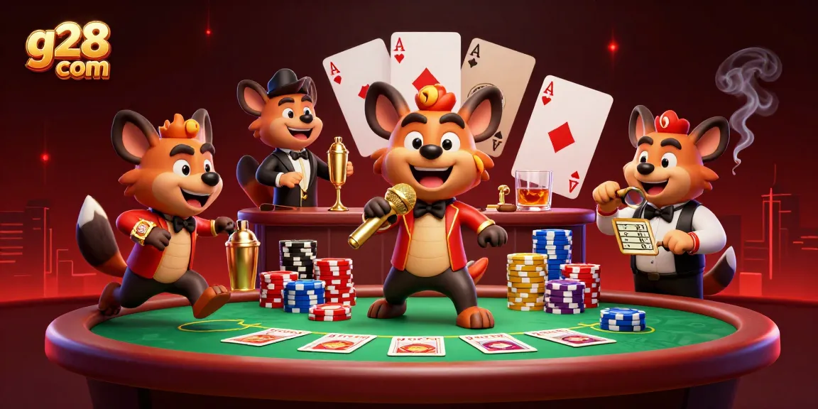 Experience excited gameplay at g28 com with cartoon hyenas performing at a casino club.