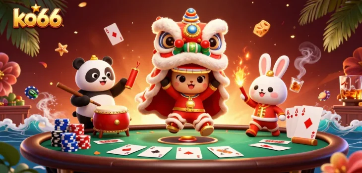 ko66 features a vibrant 3D scene showcasing a festive lion dance alongside poker action.