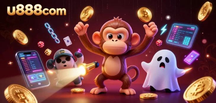 Engage with u888com's vibrant casino world featuring playful characters and crypto elements.