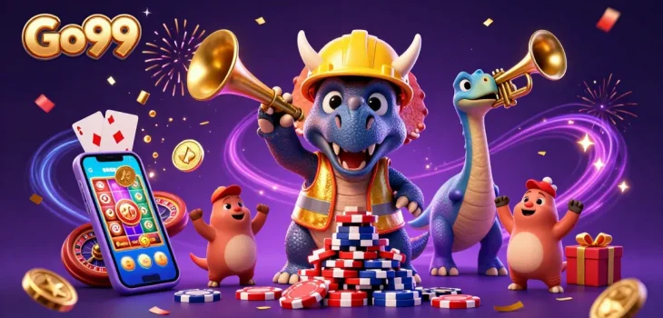 Celebrate big wins at Go99 with playful dinosaurs building poker chip towers!