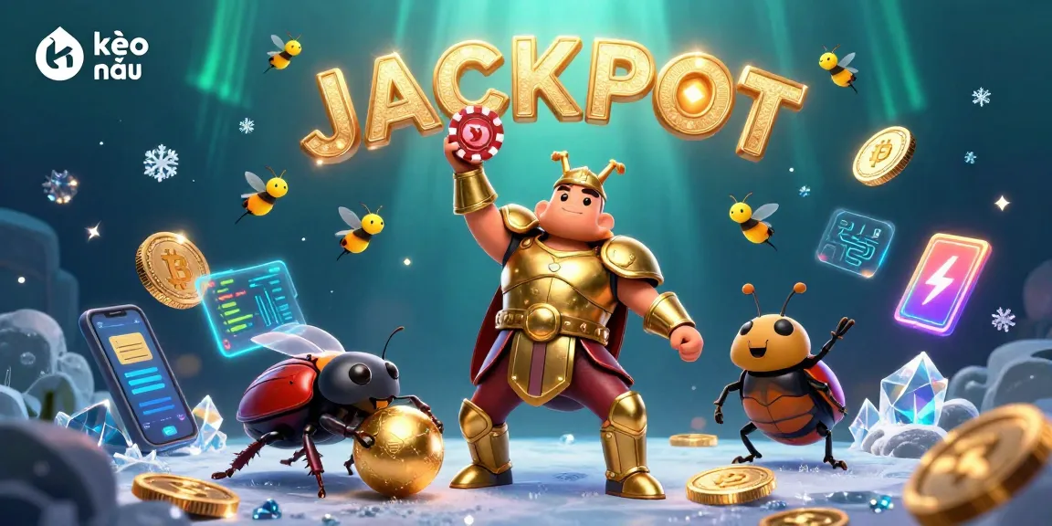 Engage with kèo nhà cái feature showcasing 3D beetle characters and a jackpot display in vibrant casino scene.