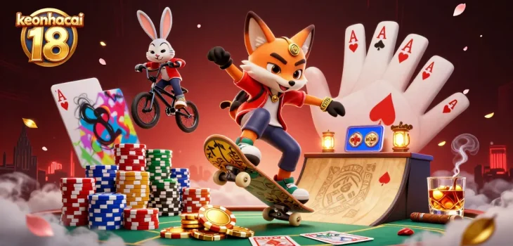 Experience keonhacai 18 through vibrant 3D illustration of a skateboarding fox and BMX rabbit in a casino setting.