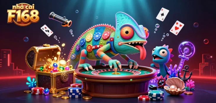 Experience the excitement of nhà cái F168 with a vibrant casino-themed 3D illustration featuring a chameleon owner.