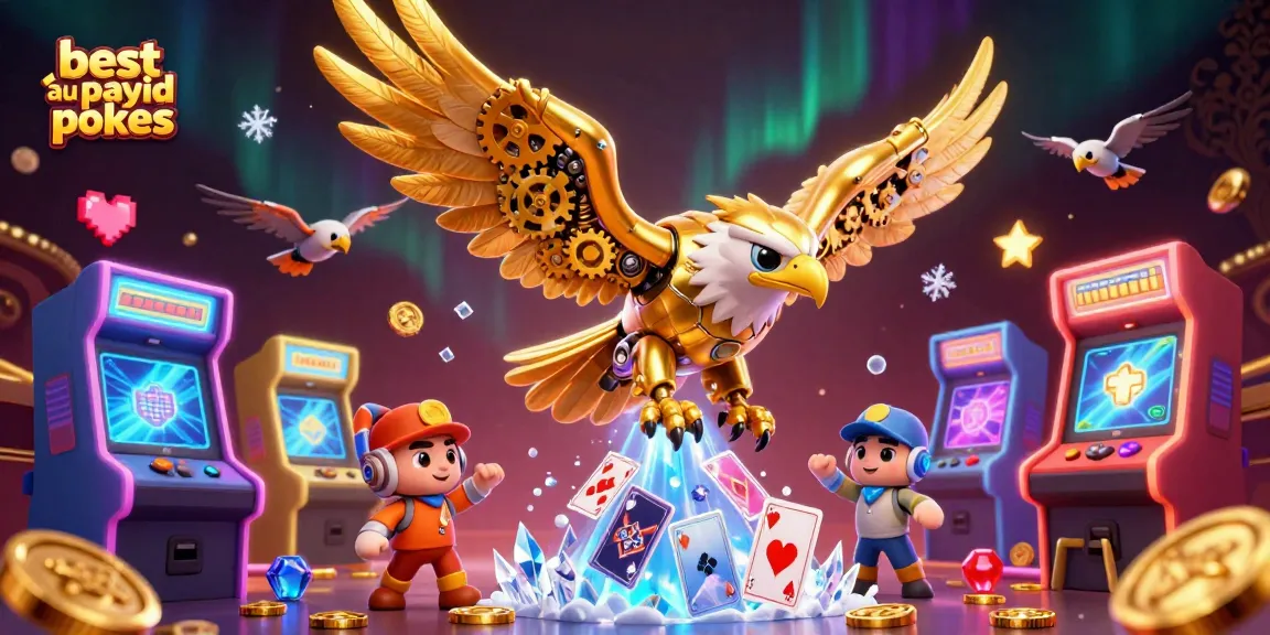 Experience the best au payid pokies with a golden eagle diving through holographic cards in this vibrant casino scene.