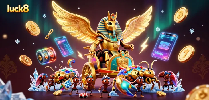 Engage with luck8's dynamic casino experience featuring a golden beetle and scorpion chariot.