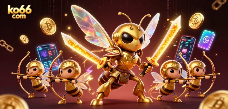 Engage in thrilling gameplay with ko66 com, featuring vibrant illustrations of a 3D hornet and cryptocurrency elements.