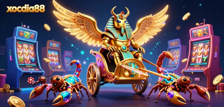 Engage with xocdia88's vibrant gambling scene featuring golden scarab and animated slot machines.