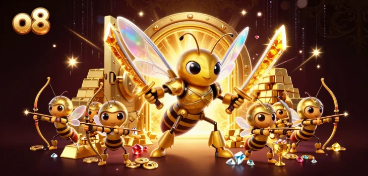 Experience thrilling gaming adventures at o8, featuring a golden hornet in samurai armor.