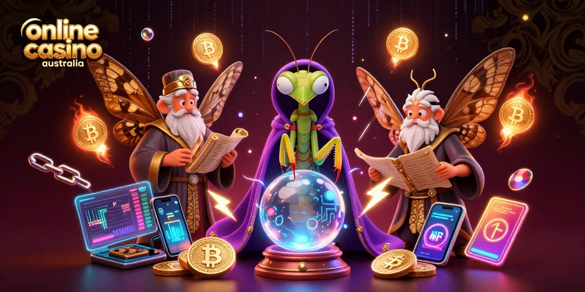 Engage with the vibrant scene showcasing online casino australia elements and characters of fortune, wisdom, and entertainment.