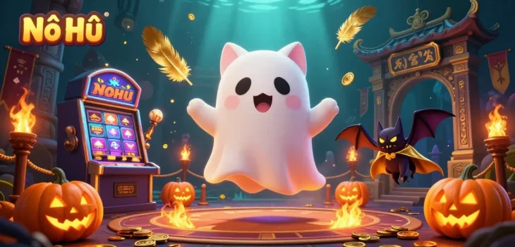 Nổ Hũ interactive gaming experience featuring a ghost cat and bat in a haunted casino atmosphere.