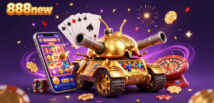 Win big with 888new in a vibrant illustration featuring a thrilling casino tank adventure.