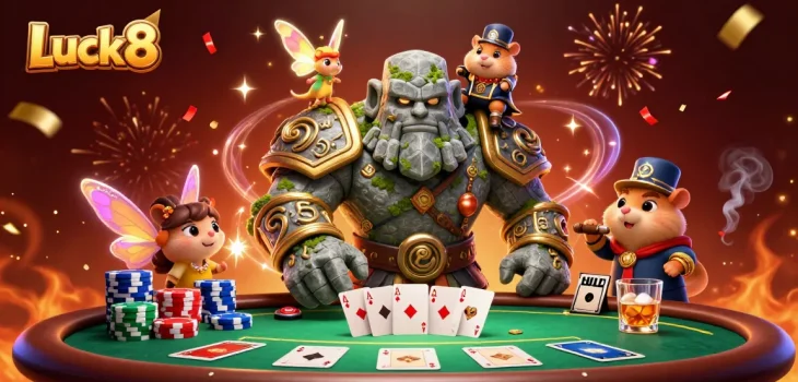 Luck8 presents a vibrant poker scene with a golem, fairy, and hamster knight amidst dynamic casino elements.