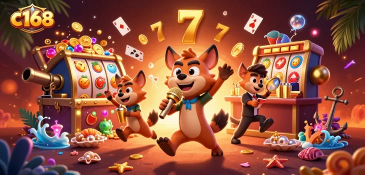 C168 players enjoy a lively casino scene with hyenas themed comedy, slot reels, and vibrant game elements.