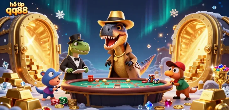 Experience the thrill of gaming with hỗ trợ qq88 as cartoon dinosaurs play blackjack amid treasures!
