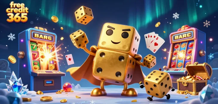 Exciting game elements come alive in this ultra-detailed 3D scene representing free credit 365, showcasing unique characters and casino themes.