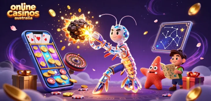 Experience online casinos Australia with an epic cosmic scene showcasing a mantis shrimp and starfish amidst stunning 3D elements.