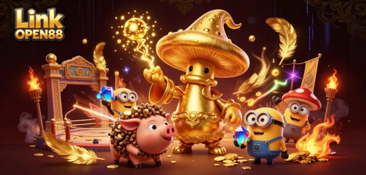 Experience the excitement of winning at Link OPEN88 with magical treasures in a vibrant casino scene.