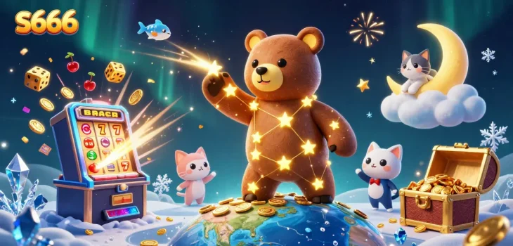 Experience the thrilling world of S666 as the constellation bear scoops coins, surrounded by jackpot celebrations and winnings!