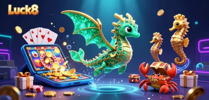 Spin to win at Luck8 with a vibrant casino-themed underwater scene featuring treasures and gaming elements.