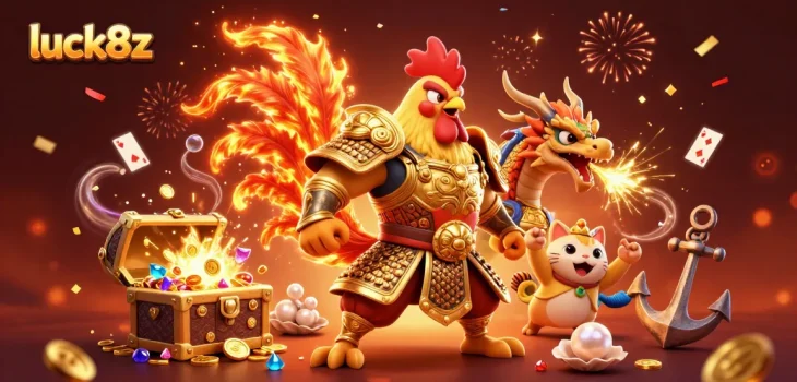 Experience luck8z with powerful characters in a dynamic online casino scene featuring vibrant treasures.