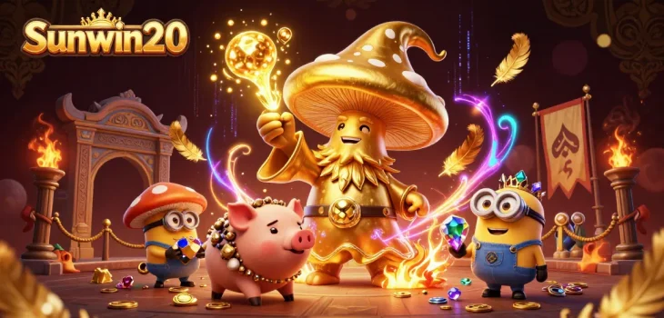 Win big with Sunwin20 in this dynamic casino scene showcasing magical characters and treasures.