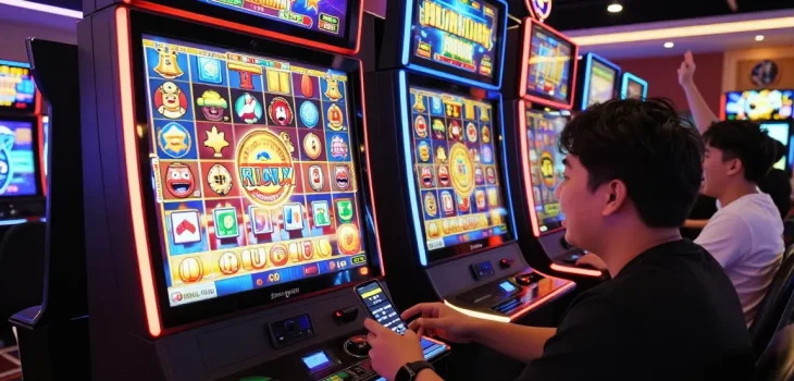 Thrilling slot gacor experience with vibrant online gaming atmosphere and players celebrating wins.