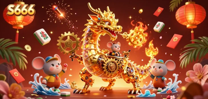 Experience exciting gameplay with S666 as a golden dragon breathes gears and colorful casino elements.