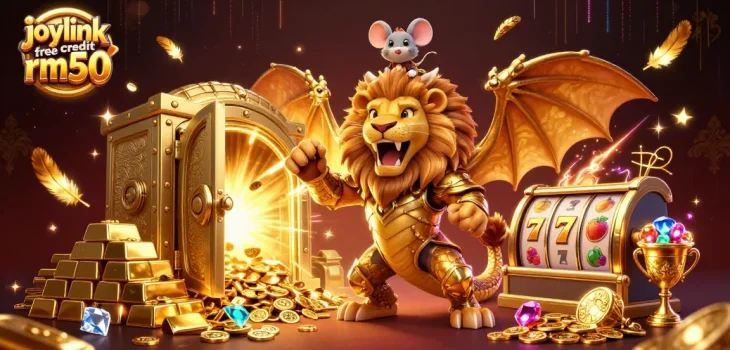 Engage with joylink free credit rm50 through a vibrant scene of a chimera and treasures in a casino setting.