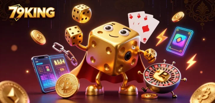 Engage in winning strategies at 79KING's vibrant online casino, showcasing dynamic games and crypto elements.