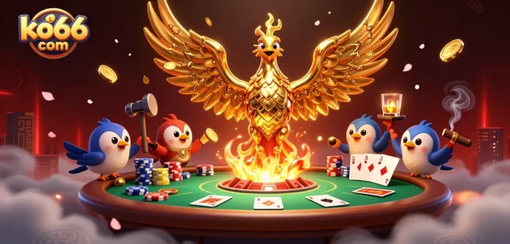Engage in poker gameplay at ko66 com with a phoenix rising from molten gold amidst casino elements.